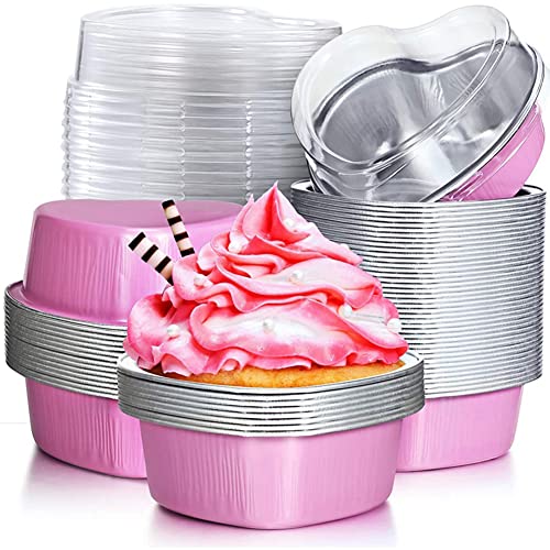Djioyer Folien Cupcakes,Backförmchen, 50 Stück Alufolie Puddingbecher mit Deckel Herzförmige Einweg Mini Mousse Cupcake ,100 ml (Rosa)
