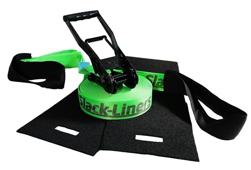 Slack-Liners 4 Teiliges Slackline-Set LEUCHTGRÜN - 50mm breit, 25m lang - mit Langhebelratsche Made in Germany