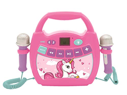 Lexibook MP300UNIZ Einhorn, Mein erster Karaoke Musikplayer mit 2 Spielzeugmikrofonen, kabellos, Aufnahmefunktion, Stimmeneffekt, pink/blau