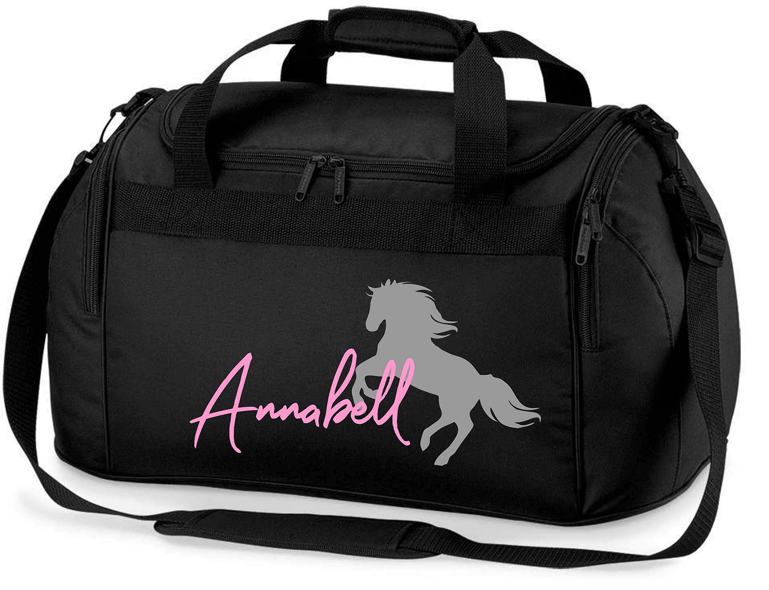 Reittasche mit Namensdruck personalisiert | Motiv aufsteigendes Pferd mit Name | Trage- und Sporttasche für Mädchen zum Reiten in vielen Farben verfügbar (schwarz)