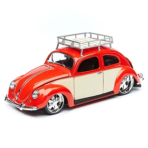 Maisto Volkswagen Käfer ´56: Originalgetreues Modellauto 1:18, mit Dachgepäckträger, bewegliche Türen, Koffer- & Motorraum zum Öffnen, 23 cm, rot-creme (532614)