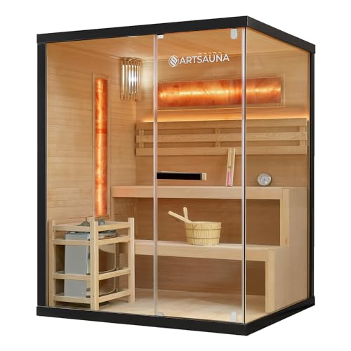 Artsauna Saunakabine Vantaa 150 mit Salzstein - Indoor Sauna 3 Personen - 4,5 kW Ofen, Glasfront, LED Licht, Thermometer & Sanduhr - Komplett Set
