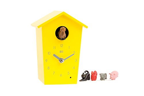 KOOKOO AnimalHouse Gelb, Moderne kleine Kuckucksuhr mit 5 Bauernhoftieren, Aufnahmen aus der Natur Moderne witzige Design Uhr