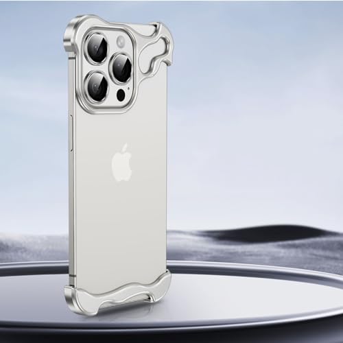 Randlose Handyhülle aus Aluminium und Metall für iPhone 12 13 14 15 Pro Max Plus, Linsenschutzfolie, Hohle, kühlende Anti-Drop-Hülle, Silber, für iPhone 14 Promax