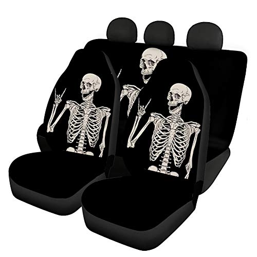Binienty Autositzbezüge aus Stretch-Stoff für vorne und hinten, Motiv: menschliches Skelett-Totenkopf-Muster, 4 Stück, dekorativer Sitzbezug, passend für die meisten Fahrzeuge