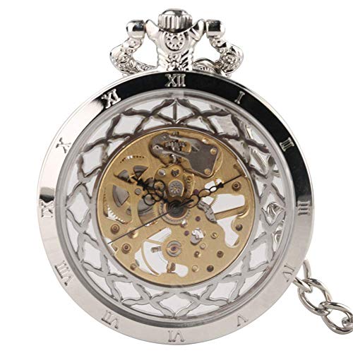 SteamStyle Glas Transparent Handaufzug Mechanische Taschenuhr mit Kette Schwarz/Gold Hohles Design Herrenuhren Uhr Geschenke Taschenuhr Geschenke für Familie Dekorieren (Silber)