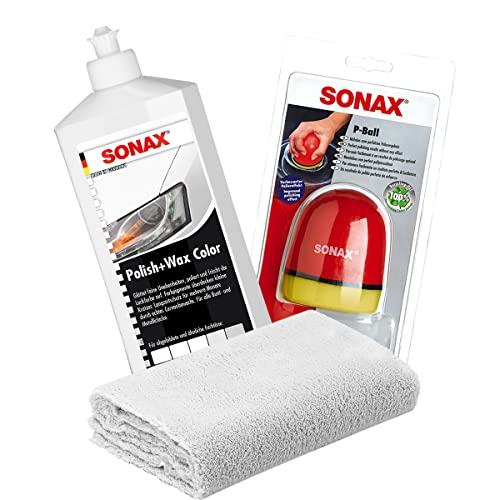 detailmate SONAX Hand Polier Set: SONAX Polish+Wax Color weiß 500ml Politur + SONAX P-Ball ergonomischer Polier Ball Edgeless Superflausch Mikrofaser Poliertuch 40x40cm, 550GSM