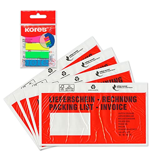 WPTrading - 1.000 x Lieferscheintaschen 230 x 110 mm in DIN-LANG Rot "Lieferschein / Rechnung" inkl. 125 Page-Marker in 5 Farben - Dokumenten-Taschen selbstklebend - Begleitpapiertaschen für Versand