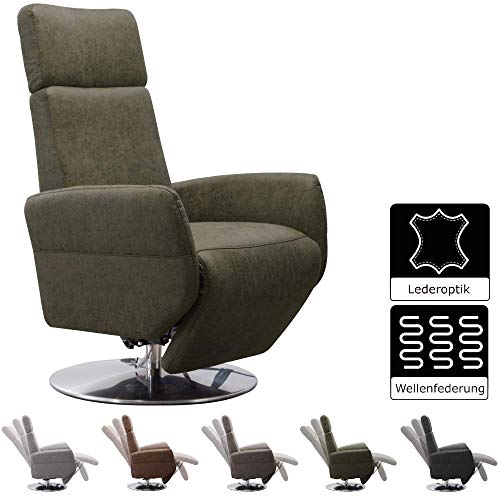 Cavadore TV-Sessel Cobra / Fernsehsessel mit Liegefunktion, Relaxfunktion / Stufenlos verstellbar / Ergonomie S / Belastbar bis 130 kg / 71 x 108 x 82 / Lederoptik Olive