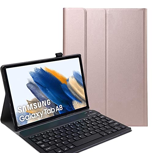 YHFZR Tastatur Hülle für Samsung Galaxy Tab A8 2021, [AZERTY] Ultradünn Flip Entfernbar Drahtloser Keyboardständer Ledertasche für Samsung Galaxy Tab A8 SM-X200/205 10,4 Zoll, Roségold
