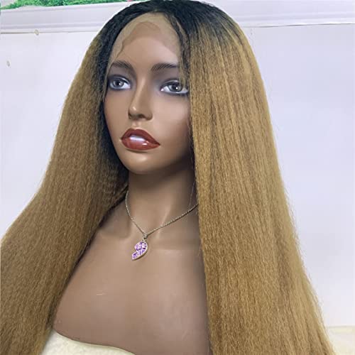 Perücke Kinky Straight High Temperature Fiber Hair Lace Front Perücken für Schwarze Frauen Pre gezupft 18-28 Zoll Synthetic Glueless Lace Frontal Wig Lace Wigs (1b 27 Kinky Straight 20inches)