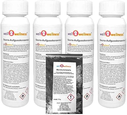 well2wellness® Saunaaufguss Set 4 x 125 ml 'Selection' mit Ingwer-Citro, Limette-Bambus, Mango-Maracuja, Grapefruit-Cassis + gratis 10g Mentholkristalle