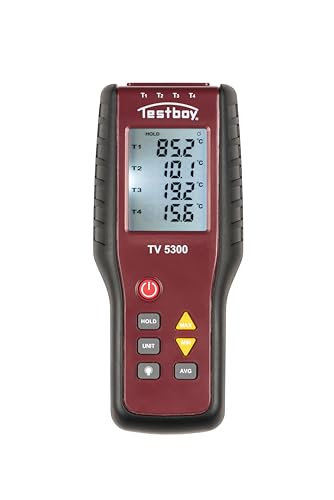 Testboy TV 5300 4-Kanal Thermometer, Temperaturmessgerät (Data-Hold Funktion, 4 Anschlussmöglichkeiten, Vor- und Rücklauf messbar, Messbereich: -200 °C bis 1372 °C, LC-Display, inkl. 2 Messklemmen)