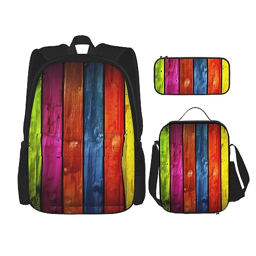 DOFFO Rucksack mit farbigem Holzbrett-Aufdruck, Reise-Laptop-Rucksack für Damen und Herren, lässige Büchertasche mit Lunch-Tasche, Bleistifttasche, 3 Stück, Schwarz, Einheitsgröße, Schwarz ,