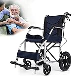 Faltbarer Rollstuhl - Leicht Aluminium Reise-Rollstuhl - Geteilte Rückenlehne- Feste Armlehnen Und Klappbare Fußstützen - Rollstuhl Für Für Senioren Mit Zwei Bremssysteme,Blau,12" Rear Wheel