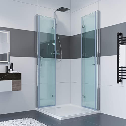 IMPTS 120 x 120 x 195 cm Duschkabine Eckeinstieg Doppel Falttüren Duschtüren 180º Eckig Dusche Duschwand Duschabtrennung mit NANO Beschichtung