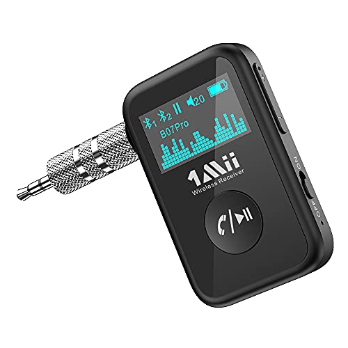 [Aufgerüstet] 1Mii Aux Bluetooth 5.0 Adapter Auto mit OLED Bildschirm, Bluetooth Musik Empfänger Klinke für Stereoanlage/Lautsprecher, Freisprechfunktion und Lange Akkulaufzeit-2022