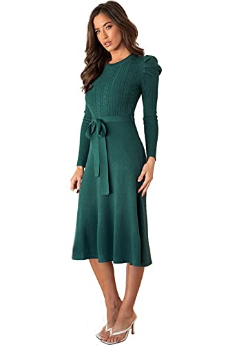 Damen Pulloverkleider Elegant Strickkleid Rundhalsausschnitt Frühling Winter Langarm Tunika Slim Pullover Kleid mit Gürtel, grün, M