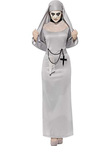 erdbeerclown - Damen Frauen Kostüm Gothic Horror Nonne Schwester mit Kleid und Kopftuch, Zombie Nun Sister, perfekt für Halloween Karneval und Fasching, L, Grau