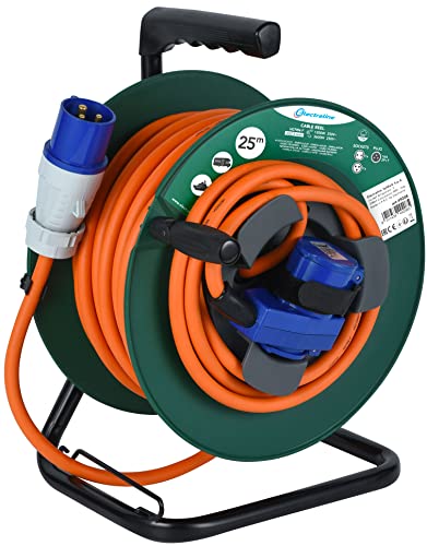 Electraline 49208 Gummi-Verlängerung mit Kabeltrommel 25 m für Wohnmobil, Camping, Wohnwagen, IP44, 2 Steckdosen (industrial + Schuko), CEE-Stecker, Kabel H07RN-F 3G2,5 mm, 25 m, Camping