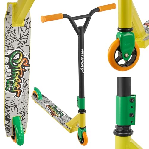 ArtSport Stunt Scooter Street Life - Trick Roller für Kinder & Jugendliche - 360° Lenker, 100 mm Alu Räder - Kinderroller Schwarz Gelb Orange