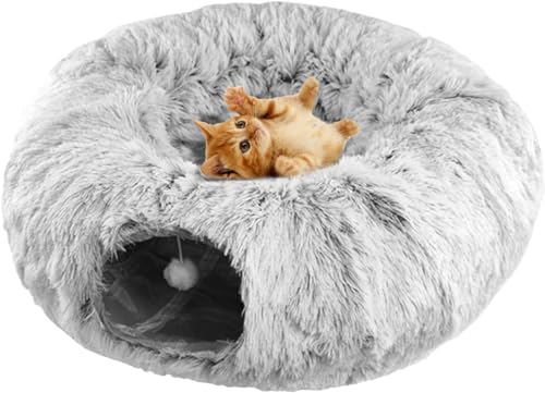 Katzenbetttunnel, waschbares, gemütliches Hundeschlafkissen, rundes Katzenbett aus Filz mit Plüschball, bequemer Schlafdonut for Haustiere, Schlafkäfig for warme Tiere im Winter, Versteckhöhle for Hau
