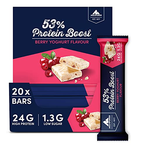 Multipower 53% Protein Boost – 20 x 45 g Protein Riegel Berry Yoghurt mit 53% hochwertigem Protein – 24 g Eiweiß und 1,6 g Zucker je Eiweißriegel
