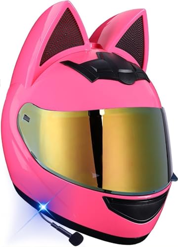 Mädchen Frauen Motorradhelm Katzenohr Bluetooth-Helm ECE-Zertifizierter Vollgesichts-Integralhelm Vier-Jahreszeiten-Klapphelme Mit Visier Für Streetbike-Motocross-ATV 7,XL=61-62cm