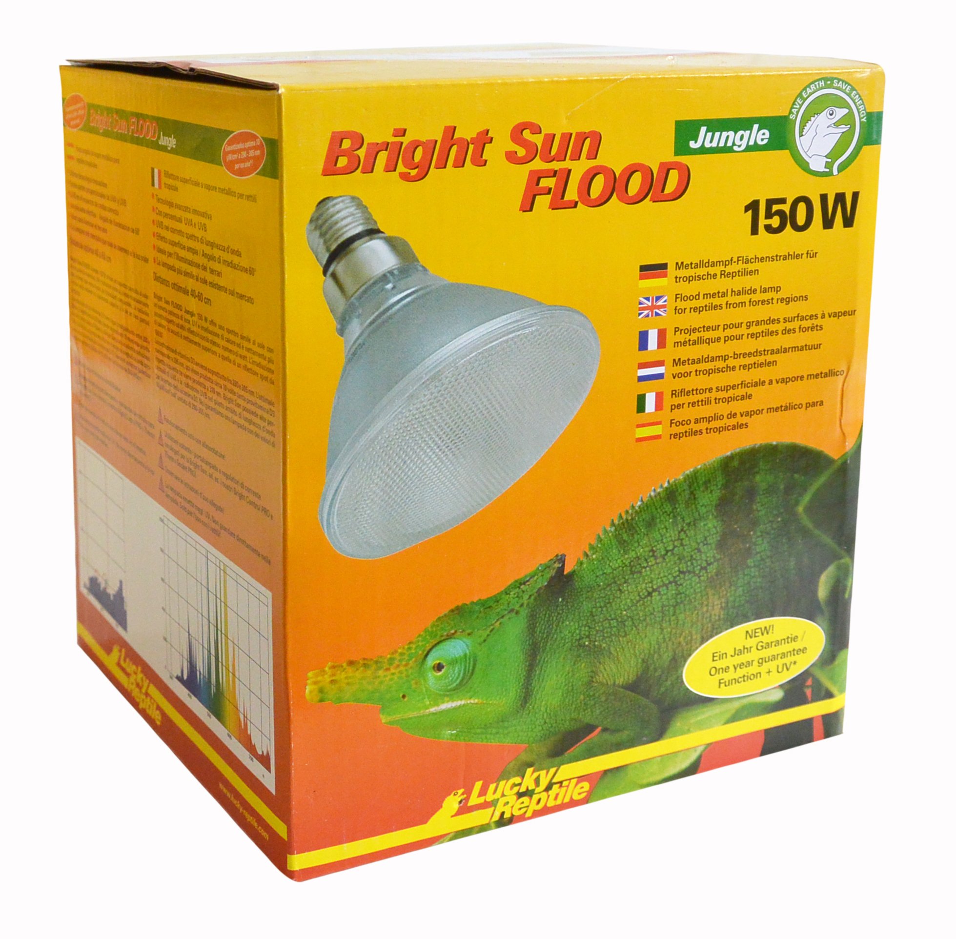 Lucky Reptile Bright Sun Flood Jungle - 150 W Metalldampflampe für E27 Fassungen - Terrarium Lampe mit Tageslichtspektrum - Wärmelampe mit UVA & UVB Strahlung - UV Lampe für tropische Reptilien
