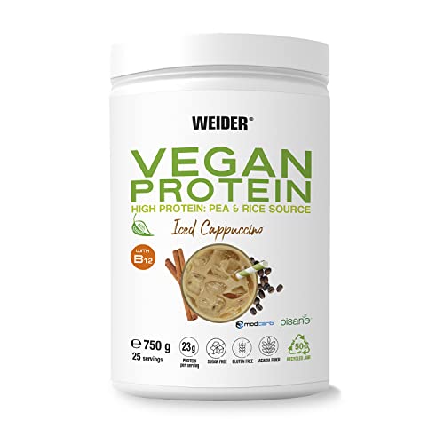 Weider Vegan Protein (750g) Cappuccino-Geschmack. 23g Protein/Dosis, Erbsenisolat (Pisane) & Reisproteine. Mit Vitamin B12 und Stevia. Glutenfrei, zuckerfrei. Verpackung 50% Recycelt, 100% Recycelbar