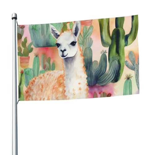 Weiße Alpaka-Aquarell-Kaktus-Flagge, 1,5 x 2,4 m, Banner, Dekoration mit 2 Ösen, Außendekorationen, HD-Druck, 200D, strapazierfähiges Polyester-Banner für Urlaub, Hof, große Flaggen für Innen- und