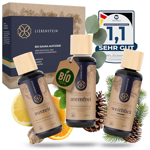 Liebenstein® BIO Saunaaufguss SET “Wohlfühl-Trio” [3x100ml Sauna Aufgussmittel] mit 100% naturreinen Bio Ölen - regional und nachhaltig - Schwarzwald Sauna Set für ein intensives Dufterlebnis