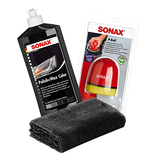detailmate SONAX Hand Polier Set: SONAX Polish+Wax Color schwarz 500ml Politur + SONAX P-Ball ergonomischer Polier Ball Edgeless Superflausch Mikrofaser Poliertuch 40x40cm, 550GSM