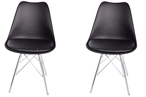 SAM 2er Set Schalenstuhl Lerche, Sitzschale schwarz, integriertes Kunstleder-Sitzkissen, Stuhl mit Gestell aus Chrom, Esszimmerstuhl im skandinavischen Stil