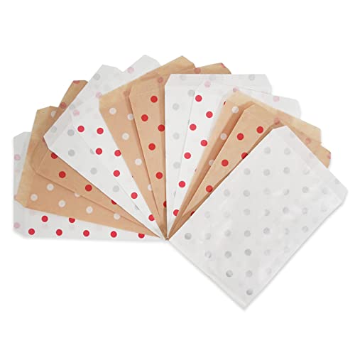 CuteBox Flache Papier-Geschenktüten mit Punkten, Rot/Weiß/Silber, 12,7 x 17,8 cm, für Waren, Handwerk, Gastgeschenke, Einzelhandel, 400 Stück