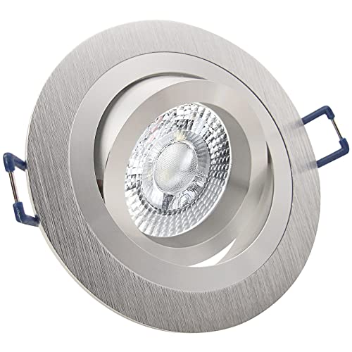 trendlights24 Noble Decken Einbaustrahler Alu Silber rund LED - 5er Set 7W dimmbar 38° 230V GU10 Kaltweiß - Aluminium Einbauleuchte schwenkbar