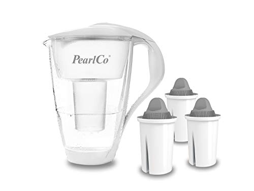 PearlCo - Glas-Wasserfilter (weiß) mit 3 Protect+ classic Filterkartuschen (f. hartes Wasser) - passt zu Brita Classic