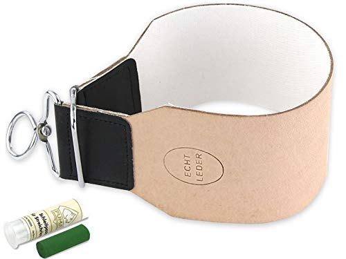 InstrumenteNrw Abziehleder Streichriemen EXTRA BREIT AUSFÜHRUNG mit Solingen Schleif Paste aus Solingen Abziehriemen Leder Leinen Kombination 2-Teiliges Set Angebot