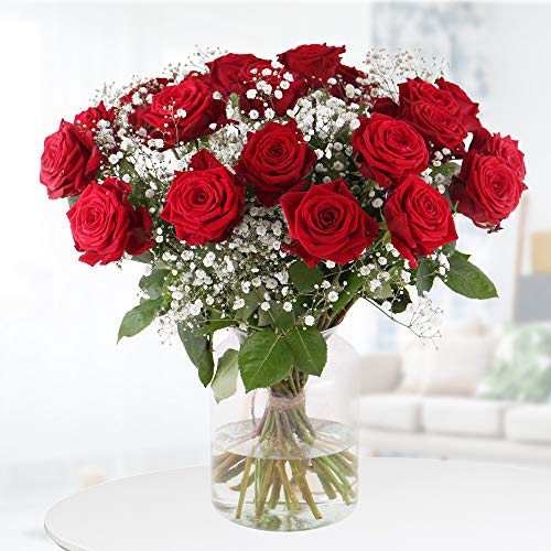Rote Rosen mit Schleierkraut - Premium-Rosen (60cm) mit 7-Tage-Frischegarantie , von Hand gebunden