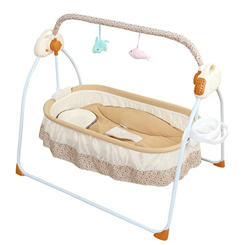 Electric Auto-Swing Baby Crib Cradle Infant Music Basket Sleeping Bed +Bluetooth, Thickened Steel Pipe, Baking Paint, Abs (Khaki)