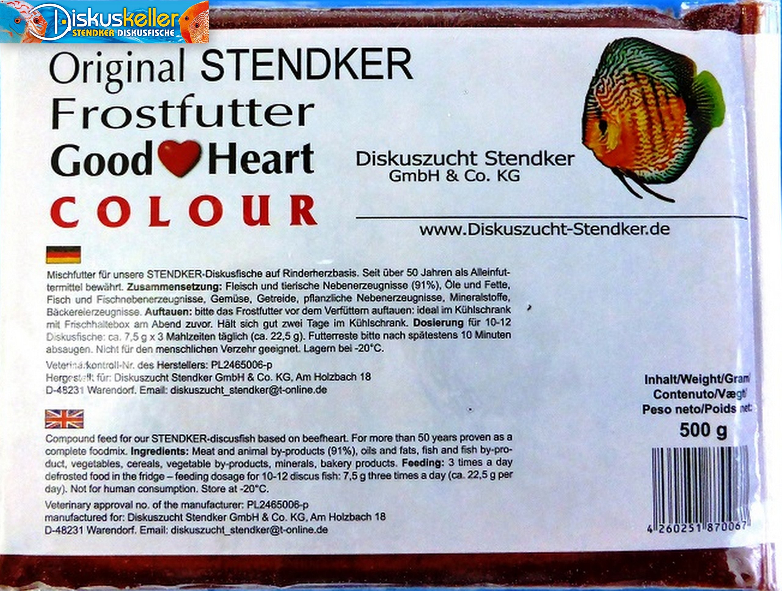 Stendker Frostfutter Sparpaket 10 x GoodHeart Colour Diskus Frost Futter Diskusfutter/Rinderherz 500g Flachtafel/für farbenprächtige Diskusfische