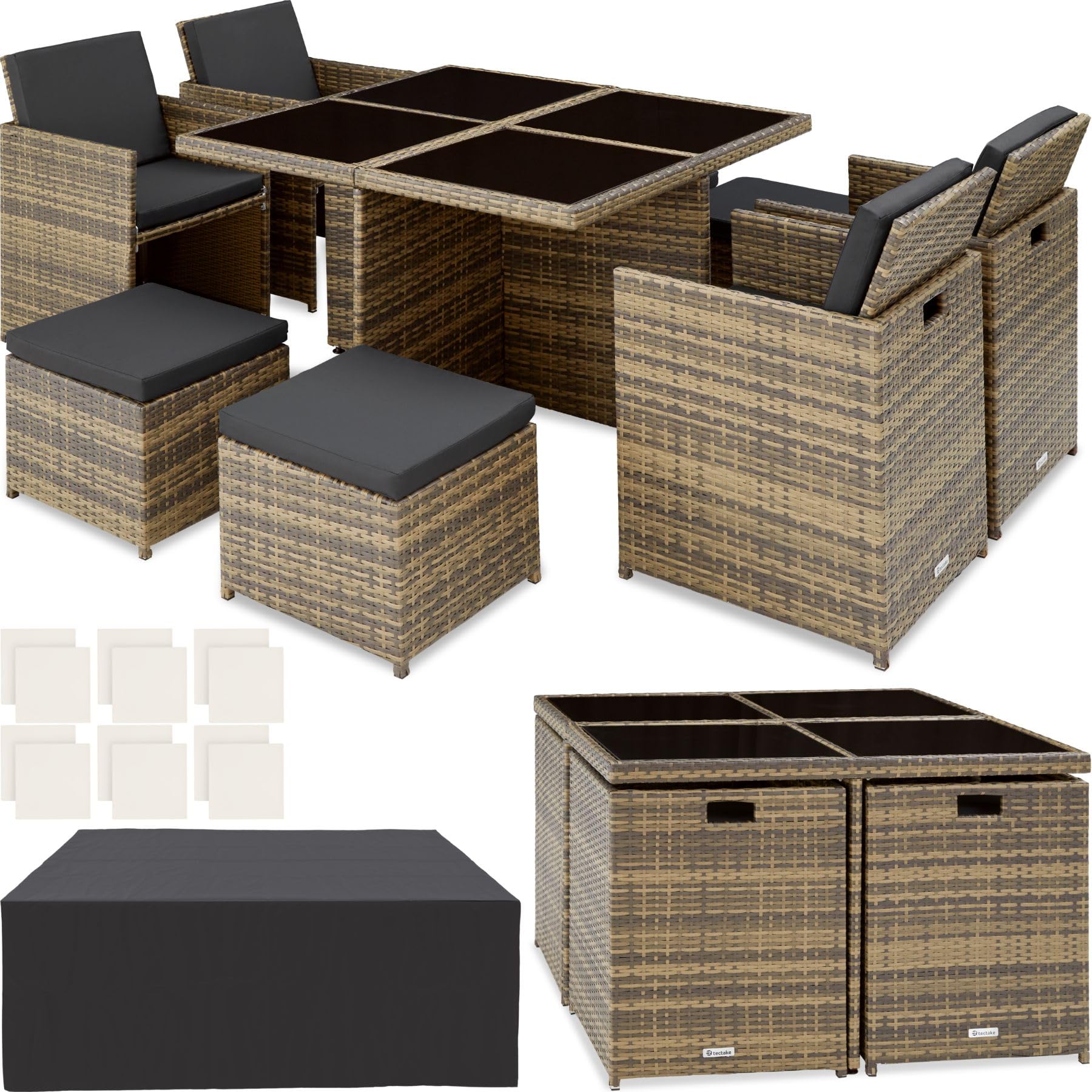 tectake® Lounge Möbel Set 4X Stühle, 4X Hocker, 1x Tisch, platzsparende Cube Aufbewahrung, Outdoor Rattan Gartenmöbel für Balkon, Garten und Terrasse, mit Abdeckung und Wechselbezügen - Natur