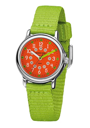 JACQUES FAREL Kinder-Armbanduhr Lernuhr Mädchen Jungen Analog Quarz mit Textilband extra weich Hellgrün Orange KCF 090