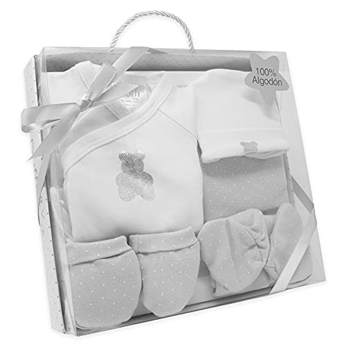 Duffi Baby Baby-Set für Neugeborene, 5 Teile, Geschenkset für Babys, mit Jacke, Gamaschen, Mütze, Lätzchen und Handschuhen, 100 % Baumwolle, Modell Teddy, grau 0985-11