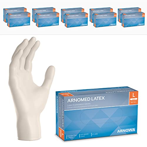 ARNOMED Latex Einweghandschuhe L, weiß, 1000 Stück, 10 Boxen a 100, puderfrei, Einmalhandschuhe, Handschuhe Einweg, Latexhandschuhe in Gr. XS, S, M, L & XL verfügbar