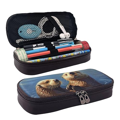 DOFFO Sea Otters Painting Printed Cute Pencil Case Aesthetic Pencil Pouch Special Pen Case Artificial Leather Pencil Bag Durable Pencil Box Zipper Pencil Cases For Men Women Office Work And Study,