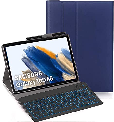 YHFZR Tastatur Hülle für Samsung Galaxy Tab A8 2021, [Deutsches QWERTZ] Ultraslim Hülle mit 7 Farben Beleuchtung Kabellose Tastatur mit Schützhülle für Samsung Galaxy Tab A8 SM-X200/205 10,4 Zoll, Blau