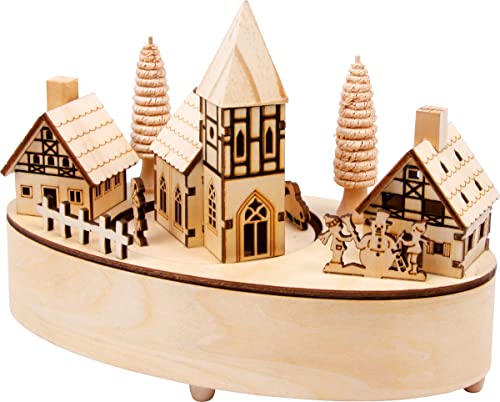 Spieluhr "kleines Dorf", Winterkulisse aus detailliert gearbeitetem Sperrholz, Kirche dreht sich sanft zu der Melodie "Stille Nacht", schöne Weihnachtsdekoration mit gelben LED-Lämpchen in den Häusern