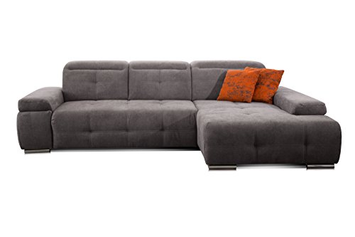 CAVADORE Ecksofa Mistrel mit Longchair XL rechts / Große Eck-Couch im modernen Design / Inkl. verstellbaren Kopfteilen / Wellenunterfederung / 273 x 77 x 173 / Grau