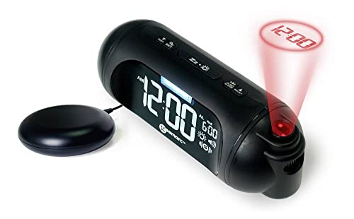 Geemarc Wake'n Shake Spot-Projektionswecker mit Vibrationskissen, starker Weckton 95dB, 180° Flip-Anzeige/90° Projektor und USB Anschluss für Aufladung Ihrer Smartphone, Schwarz, 18x6,8x6,6cm